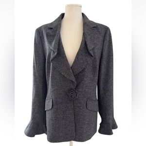 Escada Gray Wool Blazer Jacket Feminine Rose Closure and Flutter Sleeves Sz 44